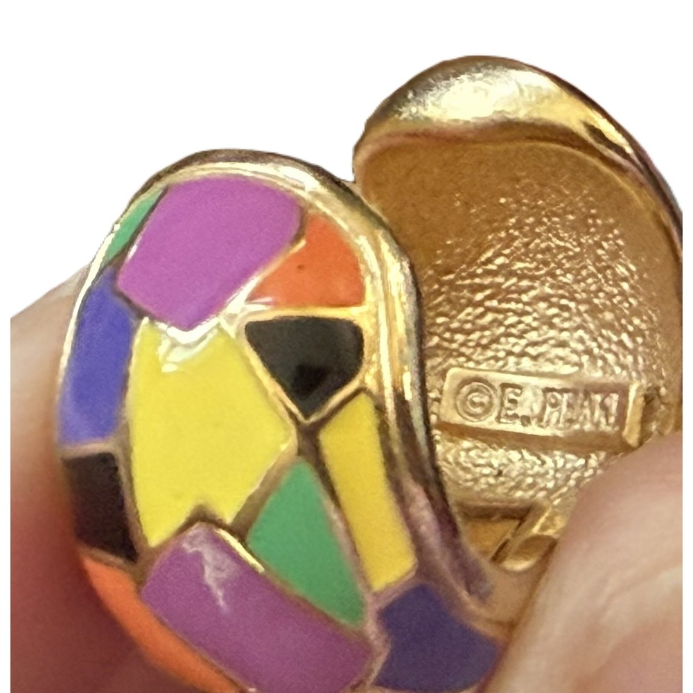 Erwin Pearl Vintage 80s Mosaic Enamel Huggie Hoop Earrings Gold Tone Multi Color - Picture 4 of 10